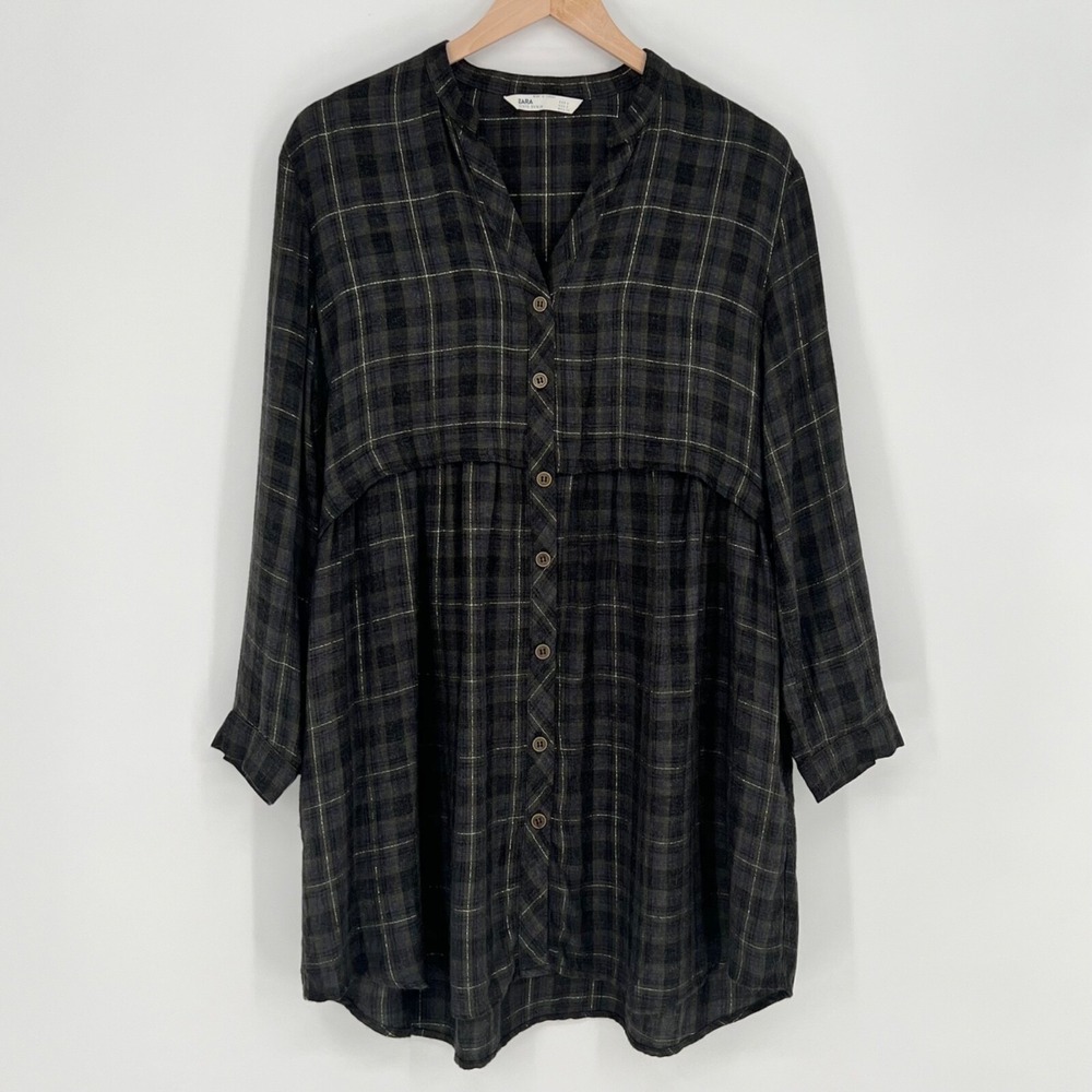 Zara Womens Plaid Shirt Dress Size S Gray Short Length Button Front Long‎ Sleeve